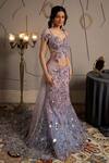 Moledro_Blue Net Sequins, Embroidery Round Neck Skye Fusion Lehenga Set _Online_at_Aza_Fashions