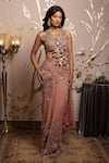 Buy_Moledro_Blush Georgette, Net Sequins, Embroidery Asymmetric Pre-draped Saree Set _at_Aza_Fashions
