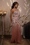 Moledro_Pink Georgette, Net, Organza Sequins, Embroidery Asymmetric Pansy Saree Gown _Online_at_Aza_Fashions