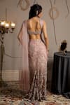 Shop_Moledro_Taupe Net Sequins, Embroidery, Beads Sweetheart Neck Lumina Pre-draped Saree Set _at_Aza_Fashions