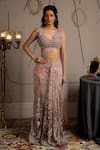 Buy_Moledro_Taupe Net Sequins, Embroidery, Beads Sweetheart Neck Lumina Pre-draped Saree Set _at_Aza_Fashions