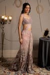 Buy_Moledro_Taupe Net Sequins, Embroidery, Beads Sweetheart Neck Lumina Pre-draped Saree Set _Online_at_Aza_Fashions