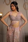 Shop_Moledro_Taupe Net Sequins, Embroidery, Beads Sweetheart Neck Lumina Pre-draped Saree Set _Online_at_Aza_Fashions