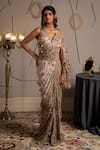 Buy_Moledro_Taupe Georgette, Net Sequins, Embroidery V-neck Nysa Designer Saree Gown _at_Aza_Fashions