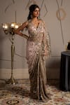 Shop_Moledro_Taupe Georgette, Net Sequins, Embroidery V-neck Nysa Designer Saree Gown _Online_at_Aza_Fashions
