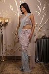 Buy_Moledro_Blue Georgette, Net, Cotton Beads, Sequins Round Neck Ila Pre-draped Saree Set _Online_at_Aza_Fashions