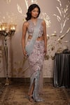 Buy_Moledro_Blue Georgette, Net, Cotton Beads, Sequins Round Neck Ila Pre-draped Saree Set _at_Aza_Fashions