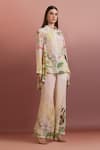 Buy_Pankaj & Nidhi_Multi Color Silk, Crepe Collared Embellished High-low Shirt And Straight Pants _at_Aza_Fashions