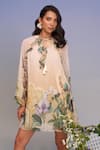 Buy_Pankaj & Nidhi_Multi Color Chiffon Tassels, Ruffles Open Floral Pleated Mini Dress With Belt _at_Aza_Fashions