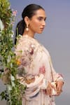Buy_Pankaj & Nidhi_Beige Chiffon Fabric Flowers Round Neck Floral Pleated Mini Dress _Online_at_Aza_Fashions