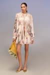 Buy_Pankaj & Nidhi_Beige Chiffon Fabric Flowers Round Neck Floral Pleated Mini Dress _at_Aza_Fashions