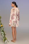 Shop_Pankaj & Nidhi_Beige Chiffon Fabric Flowers Round Neck Floral Pleated Mini Dress _at_Aza_Fashions