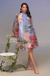 Buy_Pankaj & Nidhi_Blue Organza Open Neck Floral Bow-tie Midi Dress _at_Aza_Fashions