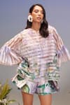 Buy_Pankaj & Nidhi_Purple Organza, Satin Embroidery Mandarin Collar Striped Top And Mini Skorts _at_Aza_Fashions