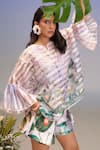 Pankaj & Nidhi_Purple Organza, Satin Embroidery Mandarin Collar Striped Top And Mini Skorts _Online_at_Aza_Fashions