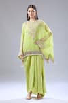 Buy_Anamika Khanna_Green Floral Embroidered Cape Draped Skirt Set 