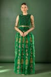 Buy_Anamika Khanna_Green Beads, Embroidery, Feathers Crew Neck Skirt Set _at_Aza_Fashions