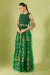 Anamika Khanna_Green Beads, Embroidery, Feathers Crew Neck Skirt Set _at_Aza_Fashions