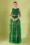 Buy_Anamika Khanna_Green Beads, Embroidery, Feathers Crew Neck Skirt Set 