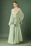 Buy_Anamika Khanna_Blue Chiffon Embroidery Mandarin Collar Pale Tunic And Sharara Set _at_Aza_Fashions