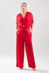 Buy_Anamika Khanna_Red Embroidery V-neck Draped Top And Pant Set _Online_at_Aza_Fashions