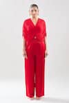 Shop_Anamika Khanna_Red Embroidery V-neck Draped Top And Pant Set _Online_at_Aza_Fashions