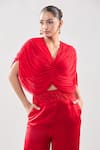 Anamika Khanna_Red Embroidery V-neck Draped Top And Pant Set _at_Aza_Fashions