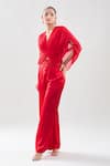 Buy_Anamika Khanna_Red Embroidery V-neck Draped Top And Pant Set 