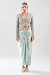 Buy_Anamika Khanna_Multi Color Silk Sequins, Embroidery V-neck Paisley Jacket And Draped Skirt Set 