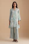 Buy_One Not Two_Blue Silk Organza, Satin Embroidery, Sequins V-neck Floral Applique Kurta Set _at_Aza_Fashions