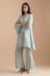 Shop_One Not Two_Blue Silk Organza, Satin Embroidery, Sequins V-neck Floral Applique Kurta Set _Online_at_Aza_Fashions