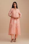 One Not Two_Pink Silk, Organza Sequins, Beads V-neck Floral Applique Kurta Set _Online_at_Aza_Fashions