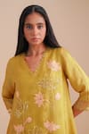 One Not Two_Yellow Silk, Organza Sequins, Beads V-neck Floral Applique Kurta Set _Online_at_Aza_Fashions