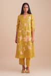 One Not Two_Yellow Silk, Organza Sequins, Beads V-neck Floral Applique Kurta Set _at_Aza_Fashions