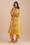 Buy_One Not Two_Yellow Silk, Organza Sequins, Beads V-neck Floral Applique Kurta Set 