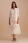 Shop_One Not Two_White Silk, Organza, Crepe Sequins, Beads V-neck Floral Applique Kurta Set _Online_at_Aza_Fashions