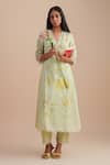 One Not Two_Green Silk, Organza, Crepe Sequins, Beads V-neck Floral Applique Kurta Set _Online_at_Aza_Fashions