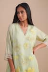 One Not Two_Green Silk, Organza, Crepe Sequins, Beads V-neck Floral Applique Kurta Set _at_Aza_Fashions