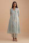 One Not Two_Blue Silk, Organza, Crepe Embroidery, Sequins V-neck Floral Applique Kurta Set _Online_at_Aza_Fashions