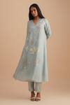 Buy_One Not Two_Blue Silk, Organza, Crepe Embroidery, Sequins V-neck Floral Applique Kurta Set _Online_at_Aza_Fashions