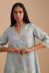 One Not Two_Blue Silk, Organza, Crepe Embroidery, Sequins V-neck Floral Applique Kurta Set _at_Aza_Fashions