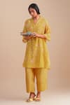 One Not Two_Yellow Viscose, Organza, Silk Sequins, Beads Floral Hand Embroidered Kurta Set _Online_at_Aza_Fashions