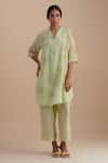 Buy_One Not Two_Green Viscose, Organza, Silk Sequins, Beads V-neck Floral Embroidered Kurta Set _at_Aza_Fashions