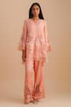 Buy_One Not Two_Pink Silk, Organza, Satin Embroidery, Sequins V-neck Floral Applique Kurta Set _at_Aza_Fashions
