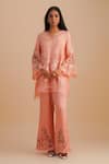 One Not Two_Pink Silk, Organza, Satin Embroidery, Sequins V-neck Floral Applique Kurta Set _Online_at_Aza_Fashions