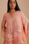 One Not Two_Pink Silk, Organza, Satin Embroidery, Sequins V-neck Floral Applique Kurta Set _at_Aza_Fashions
