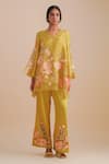 One Not Two_Yellow Silk, Organza, Satin Applique, Sequins V-neck Floral Kurta Set _Online_at_Aza_Fashions