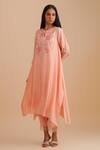 One Not Two_Pink Silk, Organza, Crepe Sequins, Beads Keyhole Neck Floral Applique Kurta Set _at_Aza_Fashions