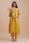 Buy_One Not Two_Yellow Silk, Organza, Crepe Sequins, Beads Keyhole Floral Applique Kurta Set _at_Aza_Fashions