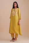 One Not Two_Yellow Silk, Organza, Crepe Sequins, Beads Keyhole Floral Applique Kurta Set _at_Aza_Fashions